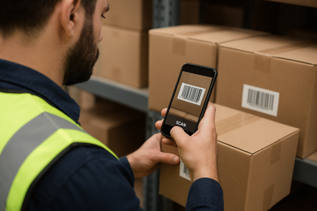 Warehouse worker using a mobile phone camera to scan a barcode on a box